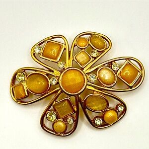 Vintage Flower Power Gold Tone Brown Yellow Gold Brooch Pin